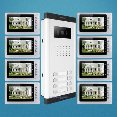 7'' Hands-free Video Door Entry Intercom Kit+Dual-way Intercom for 8 Apartment