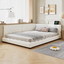Upholstered Double Bed Frame 4ft6 Daybed w/ Headboard, Boucle, 135x190 cm, Beige