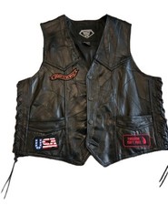 Patriotic Diamond Plate Buffalo Black Leather Motorcycle Vest Men's L Patches
