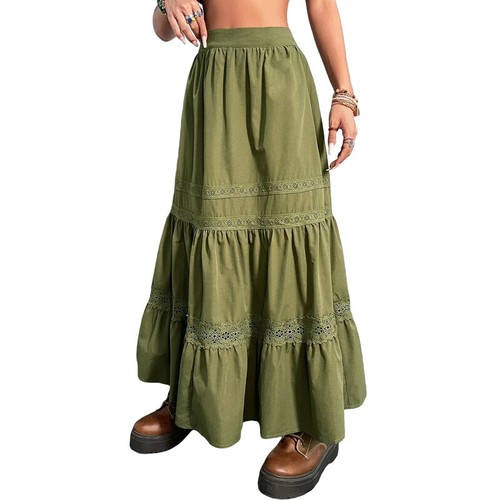 Green Pleated Skirts Holiday Boho High Waist Long Skirts Retro Lace Trim Clothes - 第 4/18 張圖片