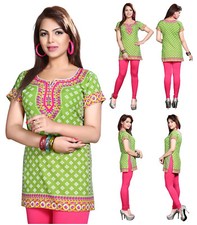 Green Women Casual Ethnic Short Kurti Tunic Printed Kurta Top Shirt Dress 134D