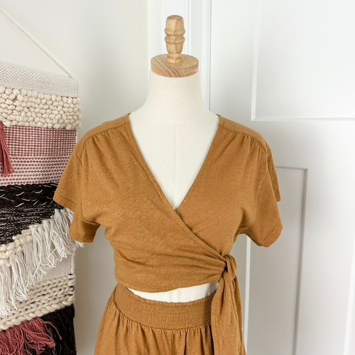 Free People Fauna Linen Blend Jersey Knit Wrap Romper Mustard Women's Sz XS NWT - Picture 2 of 14