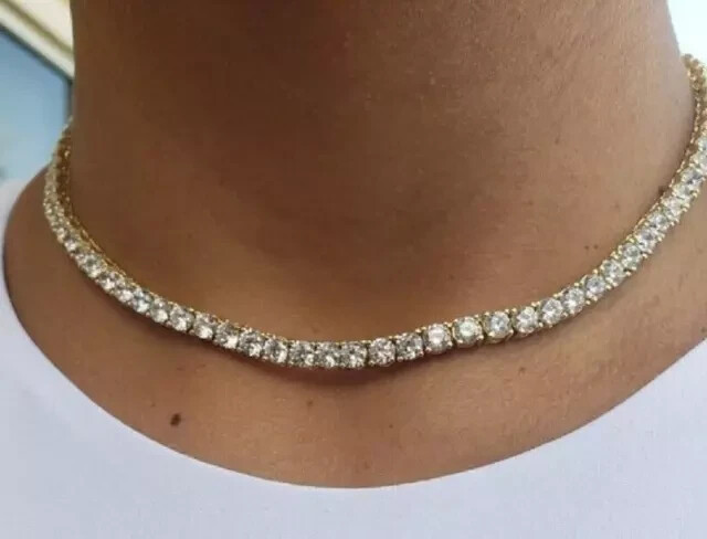 15CT Round Lab Diamond Tennis Necklace 14K Yellow Gold Plated 16 Inch
