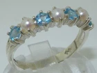 Solid 925 Hallmarked Sterling Silver Natural Pearl & Blue Topaz Eternity Ring