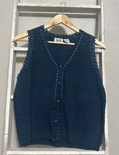 Vintage Sz Medium Sostanza Blue Silk Cotton Knit Vest Ribbon Trim Boho Festival