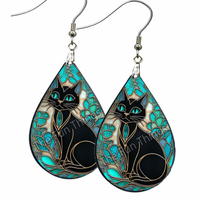 Teal Flowers & Black Cat Earrings Teardrop NO TARNISHING Wood Faux Stained Glass