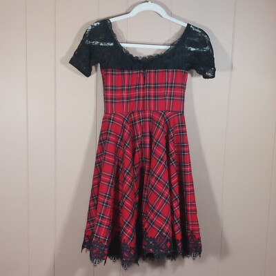 black and red emo dress Spin Doctor Plaid Size Small Dress Goth Emo Black Red Lace Gothic Christmas