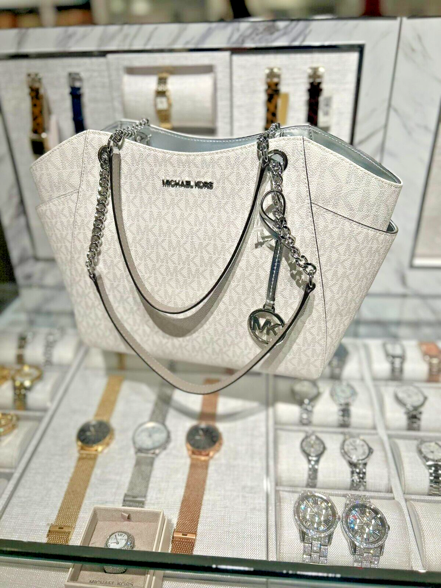 Michael Kors MK Signature Large Shoulder Tote Bag Silver White Bag