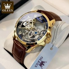 OLEVS Men Automatic Mechanical Skeleton Analog Leather Waterproof Luminous Watch