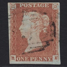 E18_07 GB QV 1841 1d RED-BROWN PLATE 78 (SG8) 'RE' VFU LIGHT CANCEL 4M IMPERF