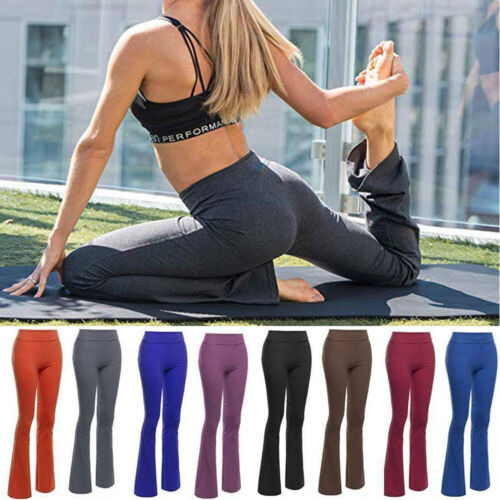Womens Yoga Pants Flare Leg Fold Over Waist Bootcut Gym Workout Flare Trousers - Picture 1 of 20