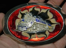 Vintage RED Locomotive Blue  Yellow TRAIN Railroad Metal Enamel Belt Buckle
