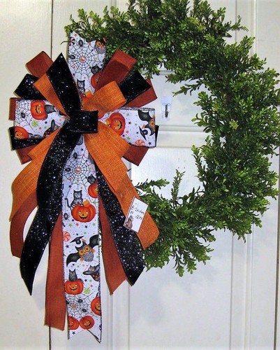 10 " FALL HALLOWEEN TRICK or TREAT BOW use on GRAPEVINE WREATH LANTERN B 64-H rb - Picture 3 of 6