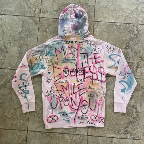 Custom Hand Painted Graffiti Hoodie Mens Medium Pink Crystal Ball Streetwear image 7