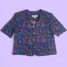 Vintage 90s Paisley Blouse Rayon Button Front Purple Blue Womens Sz 10 USA Made