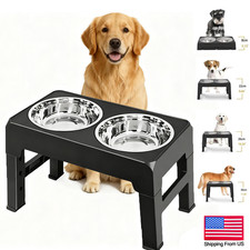Elevated Dog Bowl Pet Feeder Stainless Steel Raised Food Water Stand w/ 2 Bowls