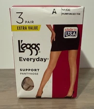 L’eggs Size A Everyday Support Pantyhose Nude Reinforced Toe 3 pair New in Box