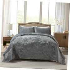Luxury Velvet Quilt Set Queen Size, Lightweight FULL/QUEEN 90"x98" Gray