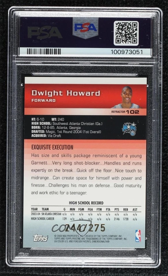 2004 Topps Pristine Refractor /275 Dwight Howard #102 PSA 9 MINT Rookie RC HOF - Image 2 of 2