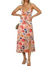 Women Spaghetti Strap Midi Satin Dresses Tie Front Backless Medium Beige 2