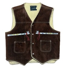 Vtg JC Penney Custom Leather Vest Mens Sz L Sherpa Lined Elk Native Western Y2K