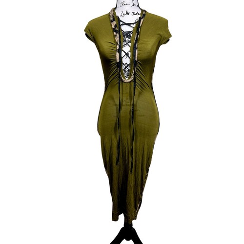 Just Cavalli by Roberto Cavalli olive  dress  deep lace-up plunging neckline 38
