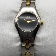 ESQ Swiss Watch Womens 22mm Silver Gold Two Tone Black Dial New Battery 6.25"