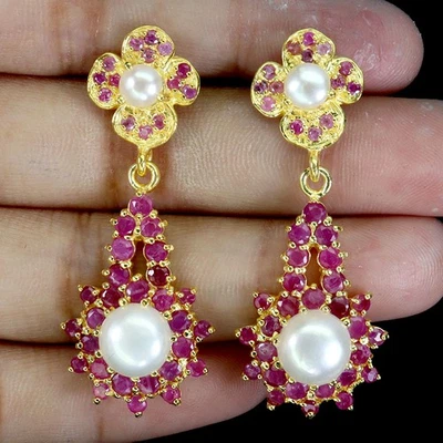 925 Sterlingsilber Ohrringe Rund Rubin 2.5mm Pearl Natürlicher Edelstein Jewelry - Bild 1 von 4