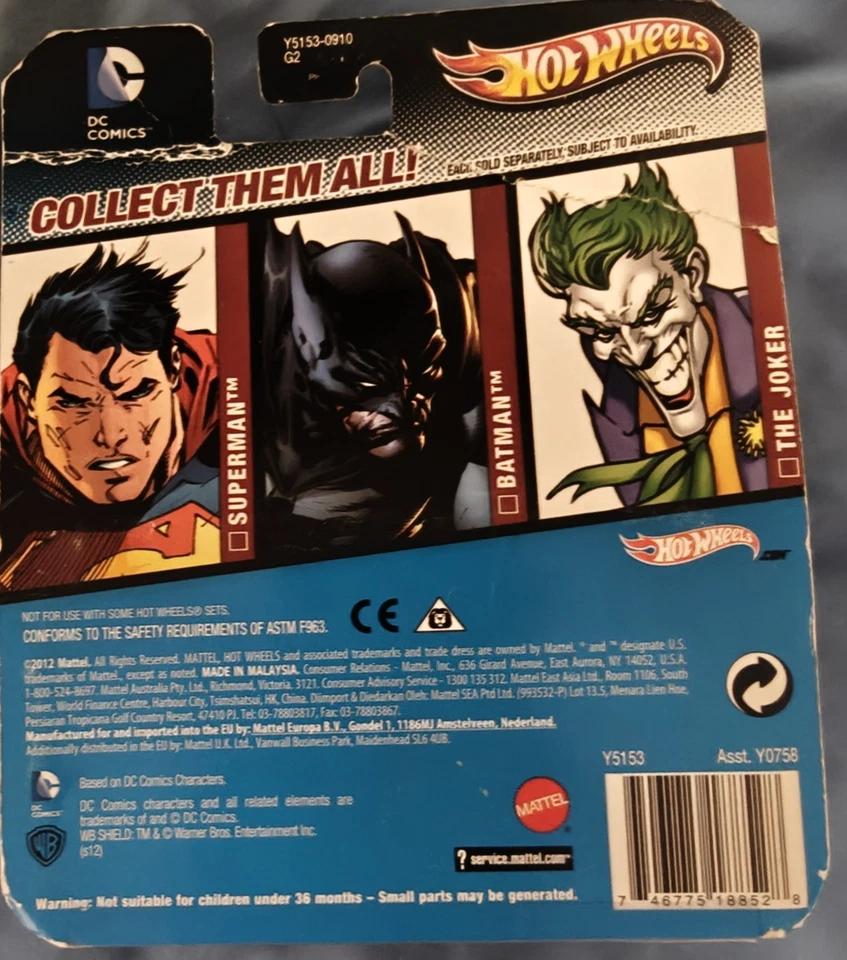 Hot Wheels DC Comics Superman Character Car Blue Red 2013 Card Worn - Image 2 of 2