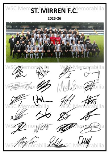 12031. St. Mirren Signed Team Sheets (A4 Prints) CHOOSE A SEASON 2025-26