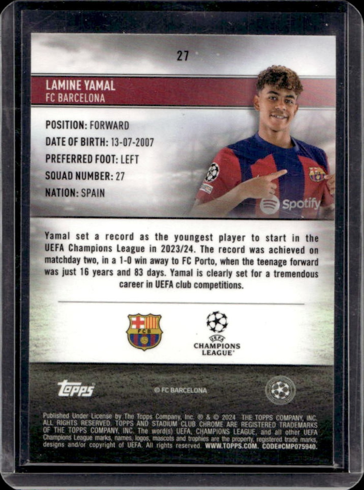 2023-24 Topps Stadium Club Chrome UEFA Lamine Yamal RC Rookie #27 Barcelona view 2