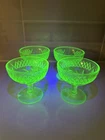 4 Vintage Depression Glass Green Uranium Sherbets U S Glass Diamond Floral Band