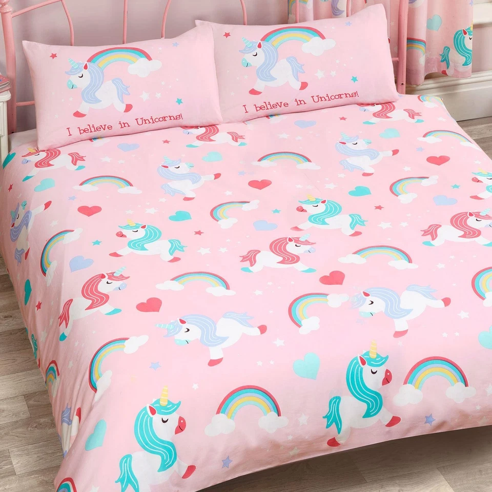 I Believe in Unicorns Double Duvet Cover and Pillowcase Set Pink Bedding