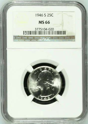 :1946-S S25C WASHINGTON-QUARTER NGC NEAR-SUPERB-BU MS-66 LOW-POP HIGHEST-GRADES