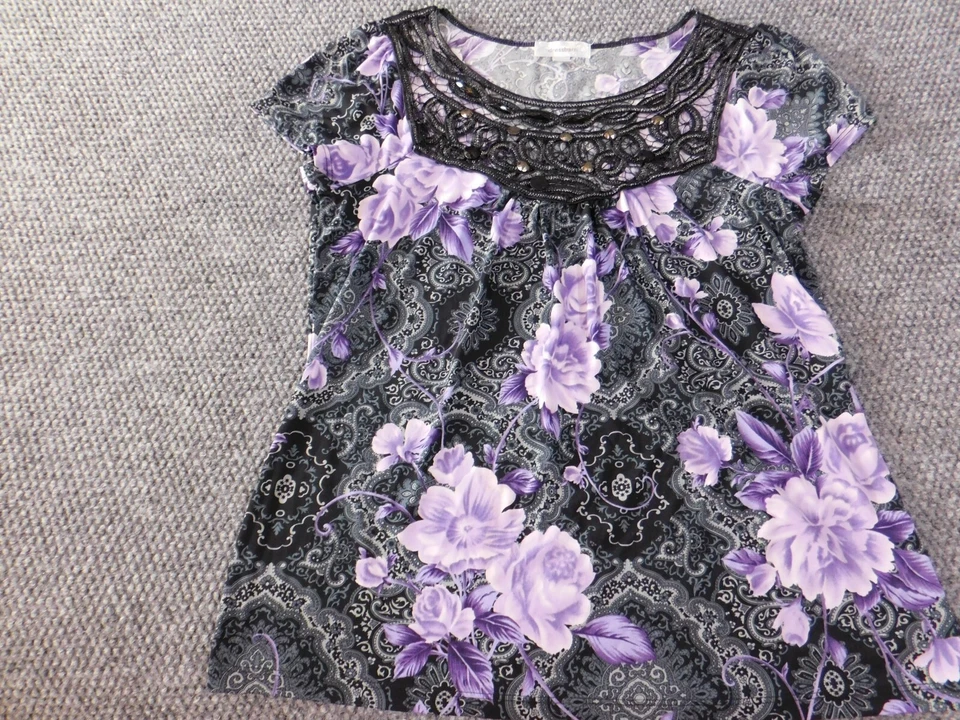 Blusa Dressbarn Mujer Mediana Púrpura Floral Jersey Top Elástico Costero Foto 3 de 4