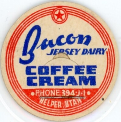 Milk Cap - Bacon Jersey Dairy - Helper, UT (Utah) - COFFEE CREAM - PHONE 394-J-1