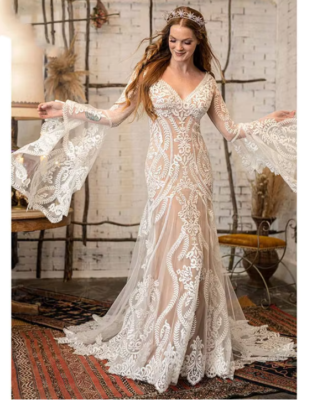 nude bohemian dress Nude Satin Tiered Maxi Dress - Corset Gown