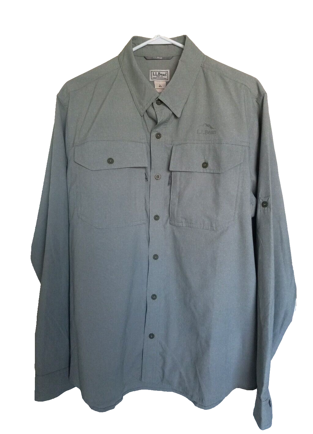 LL Bean Green Long Sleeve Button Down Shirt with Zip Pockets Fish Camp Size L