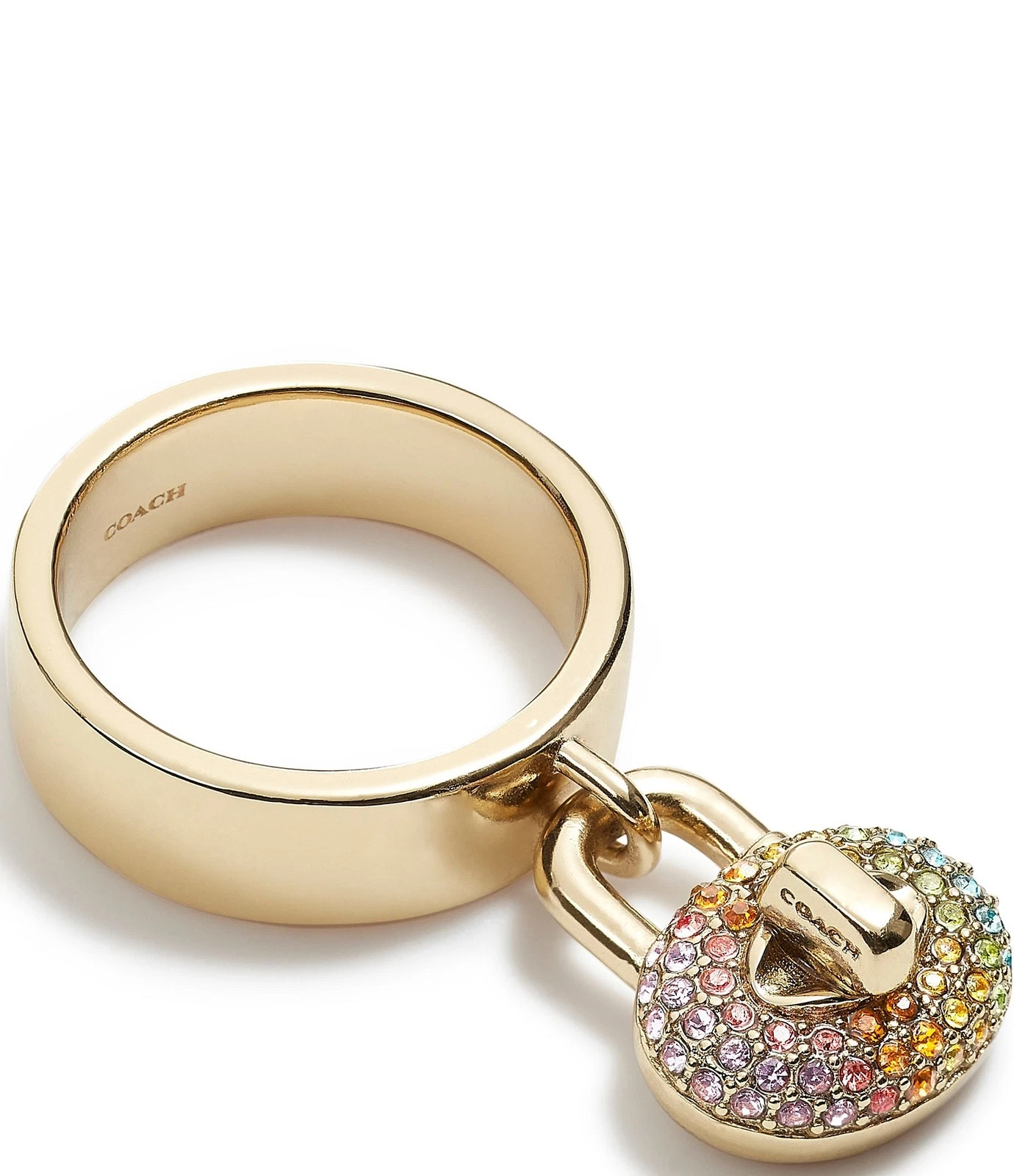COACH Rainbow Pave CZ Turnlock Charm Cigar Band G Tone Ring *7