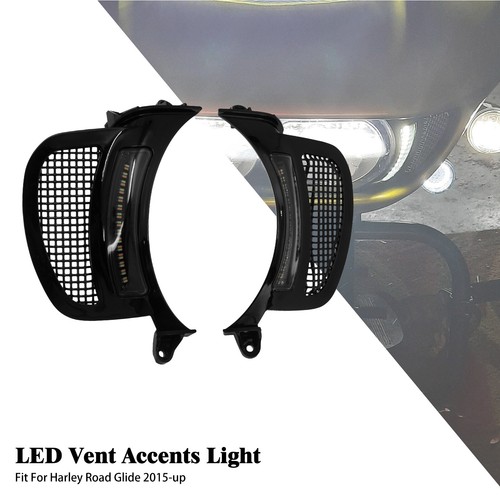 Black Headlight Vent Accent LED Running Turn Signal Light For Harley Road Glide