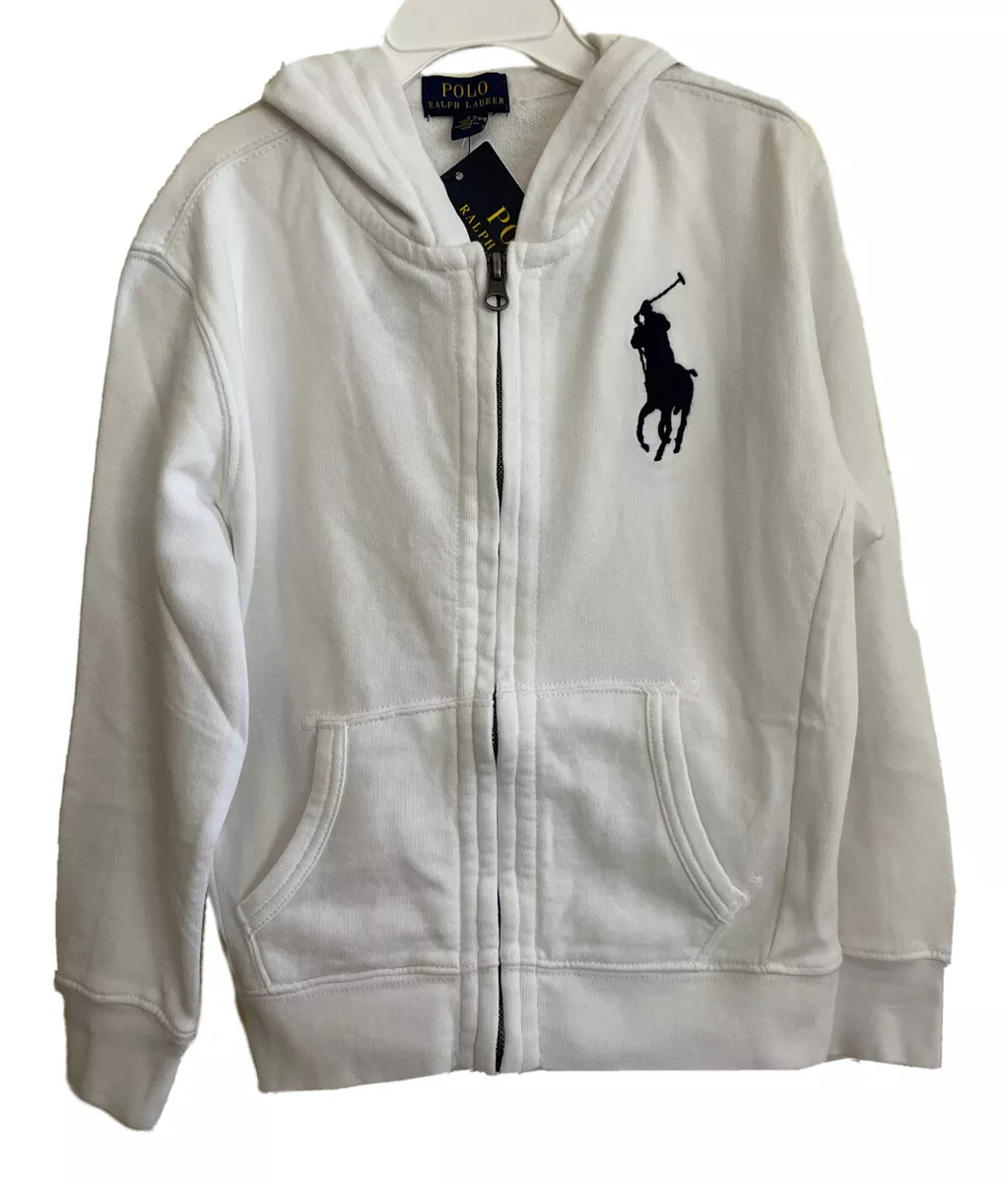 Polo Ralph Lauren Kids White Zip Up Hoodie W Large Embroidered Polo Pony Size 6