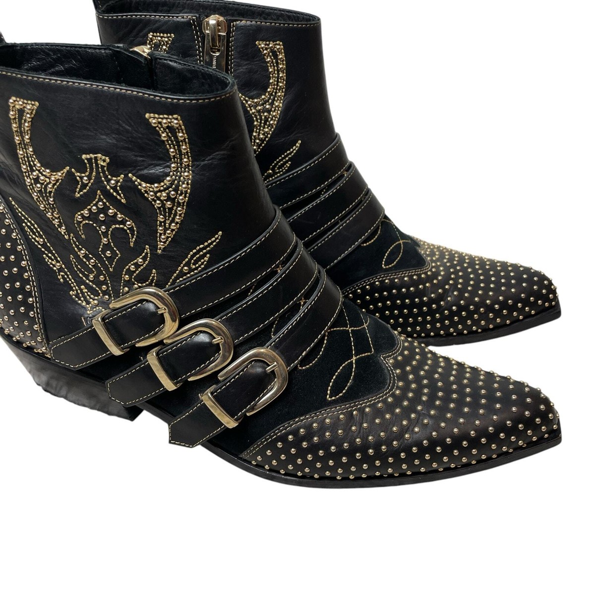 Anine Bing Penny Leather Studded Buckle Pointed Toe Ankle Boots