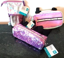 Lot Of 3 NEW Pen + Gear Pencil Pouches Purple Sequins Confetti Blue Pink School