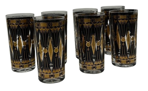 Vtg Set 7 Culver Black Gold Highball Glasses Tumbler MCM Curtain Diamond RARE - Picture 6 of 22