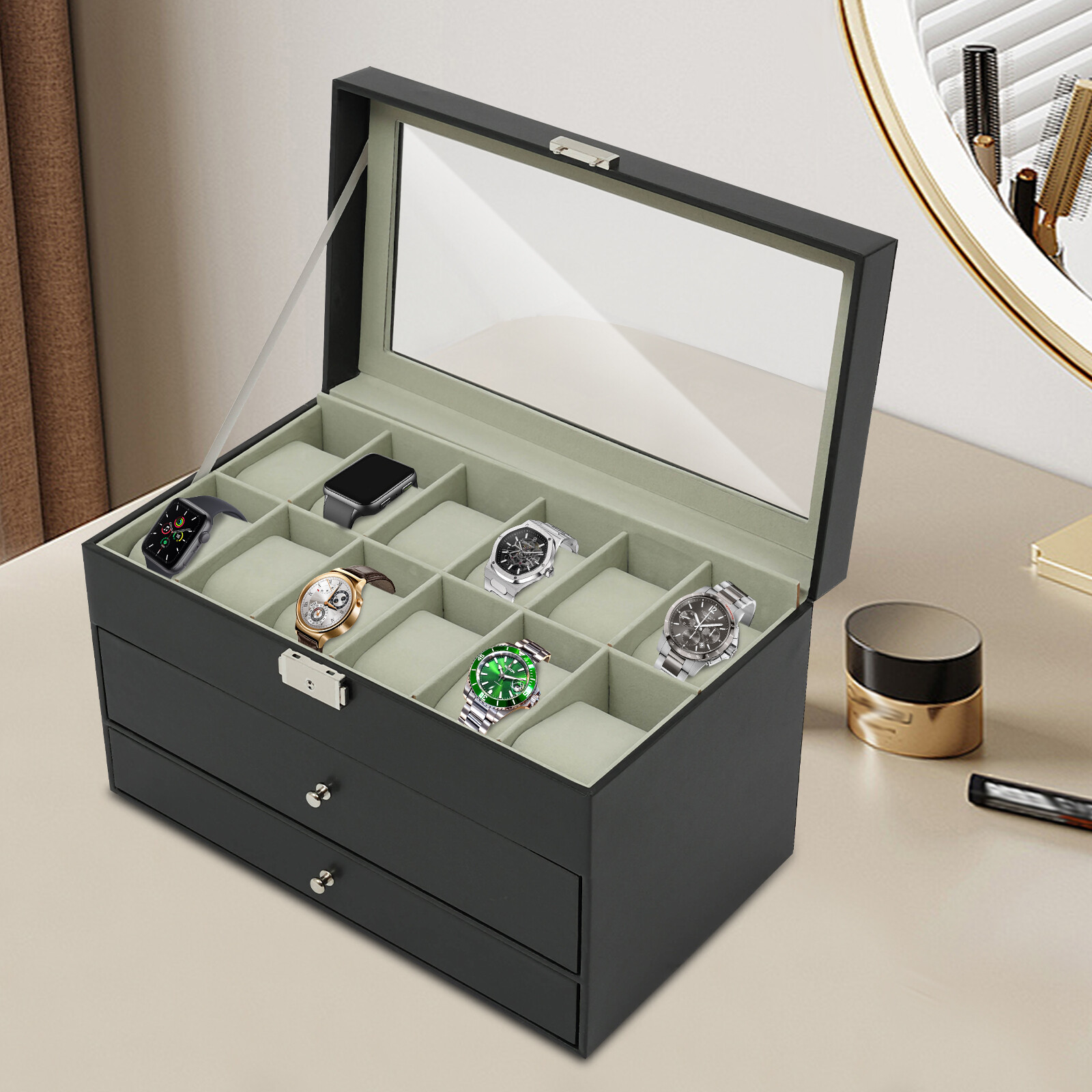 3-Tier Density Board Watch & Jewelry Storage Box Case