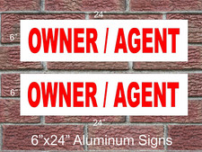 2 OWNER AGENT Aluminum Metal Signs Red  White 6"x24" 2 Sided Real Estate Rider