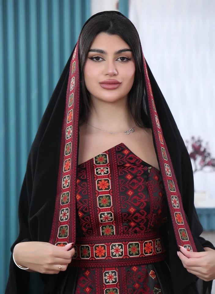Women Palestinian Embroidered Satin Dress Traditional  Sleeveles with scarf - Image 2 of 4