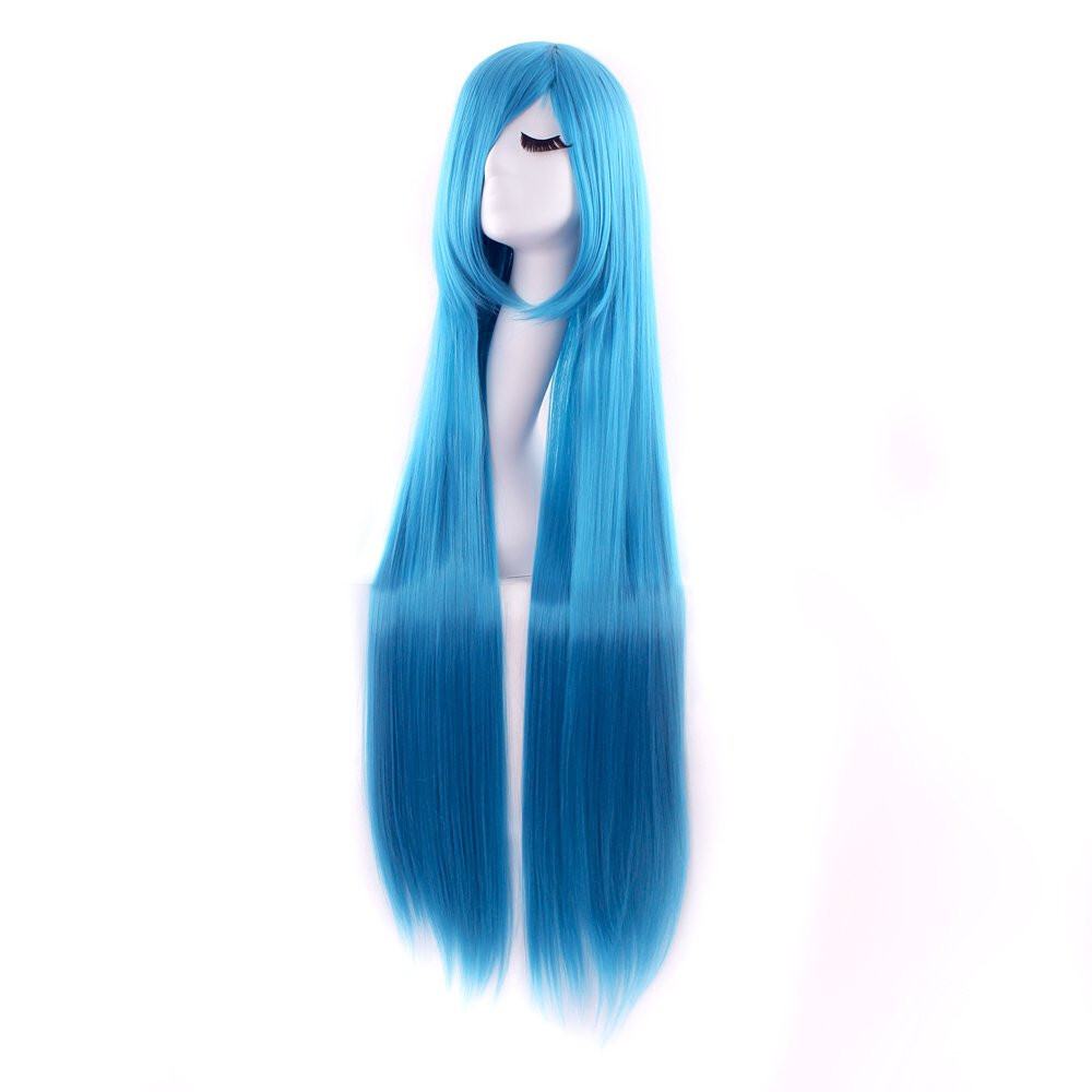 40 Inch Cyan Blue Long Straight Wig Synthetic Fiber For Cosplay