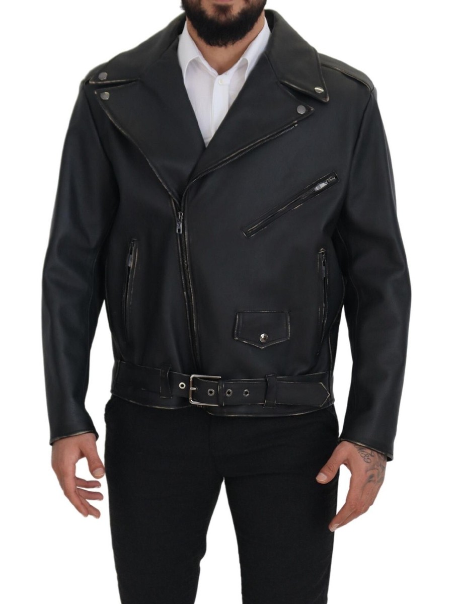 DOLCE & GABBANA Jacket Black Leather Biker Coat Zipper IT46 DOLCE & GABBANA Jacket Black Leather Biker Coat Zipper IT46