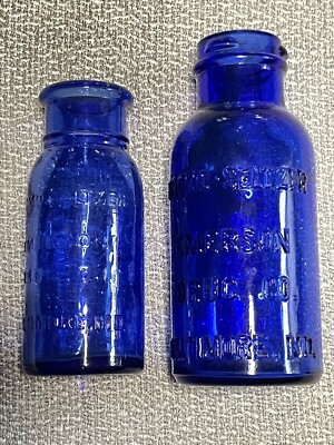 VINTAGE Set of 2 Bromo-Seltzer Emerson Drug Co. BALTIMORE, MD Cobalt BLUE 1900 s